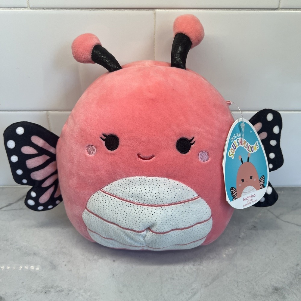NWT Squishmallows Kellytoy Andreina Pink Monarch Butterfly with White Belly 8"
